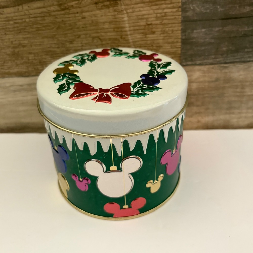 Disney Mickey Mouse Christmas Holiday Tin Embossed Wreath Green White Gold